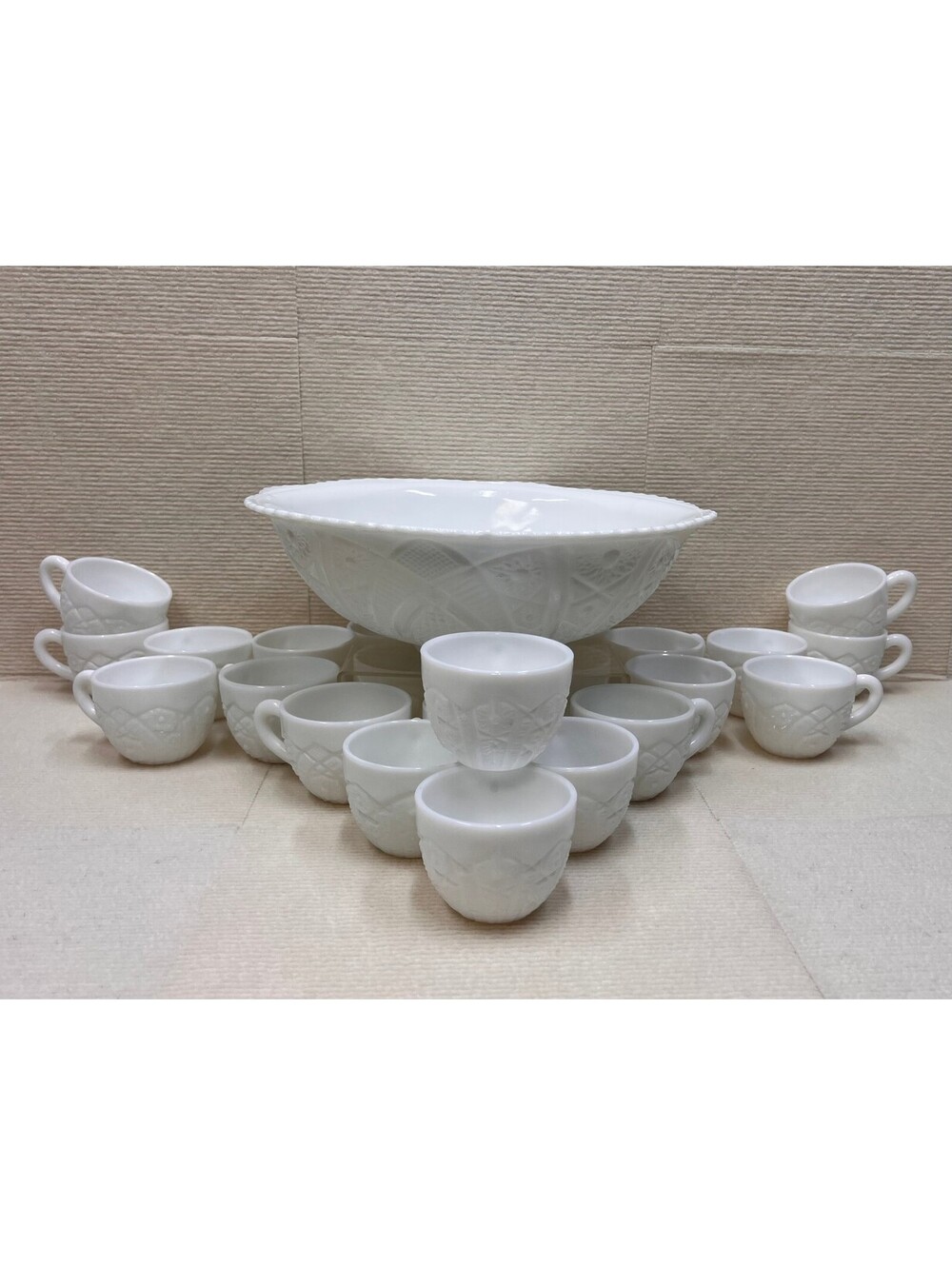 Vintage McKee Concord Milk Glass Punch Bowl Set 24 Cups